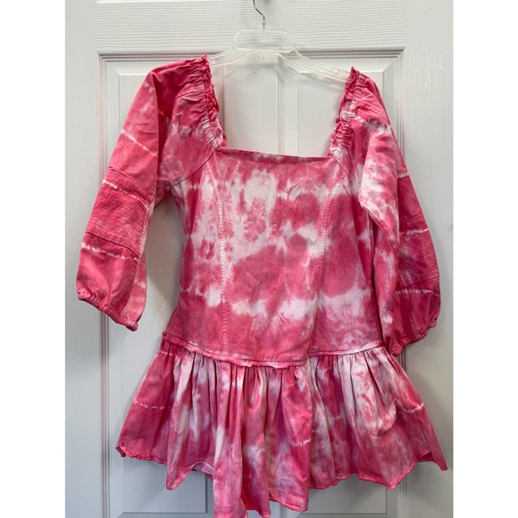 LoveShackFancy Peplum Top 3/4 Sleeve Square Neck Pink Tie Dye Size 6 100% Cotton - Picture 2 of 11
